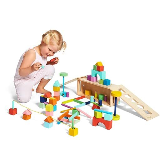 The Block Set by Lovevery – Solid Wood Building Blocks and Shapes + Wood Storage Box, 70 Pieces... | Amazon (US)