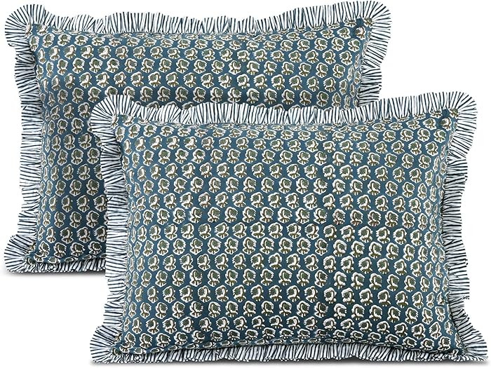 Ridhi Peacock Blue 100% Cotton Block Print Ruffle Bed Sham Cover 20''×26'' Boho Floral Pillowcas... | Amazon (US)