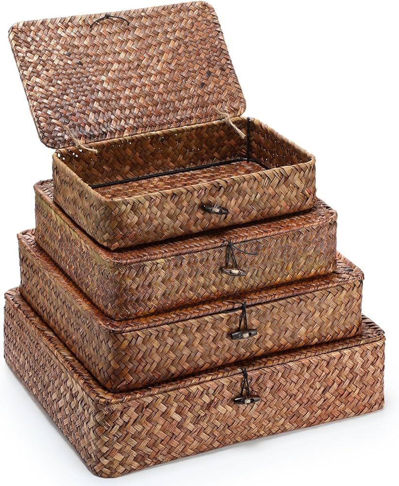 Set of 4 Seagrass Basket with Lid Wicker Storage Basket Decorative Storage Boxes with Lids Flat S... | Amazon (US)
