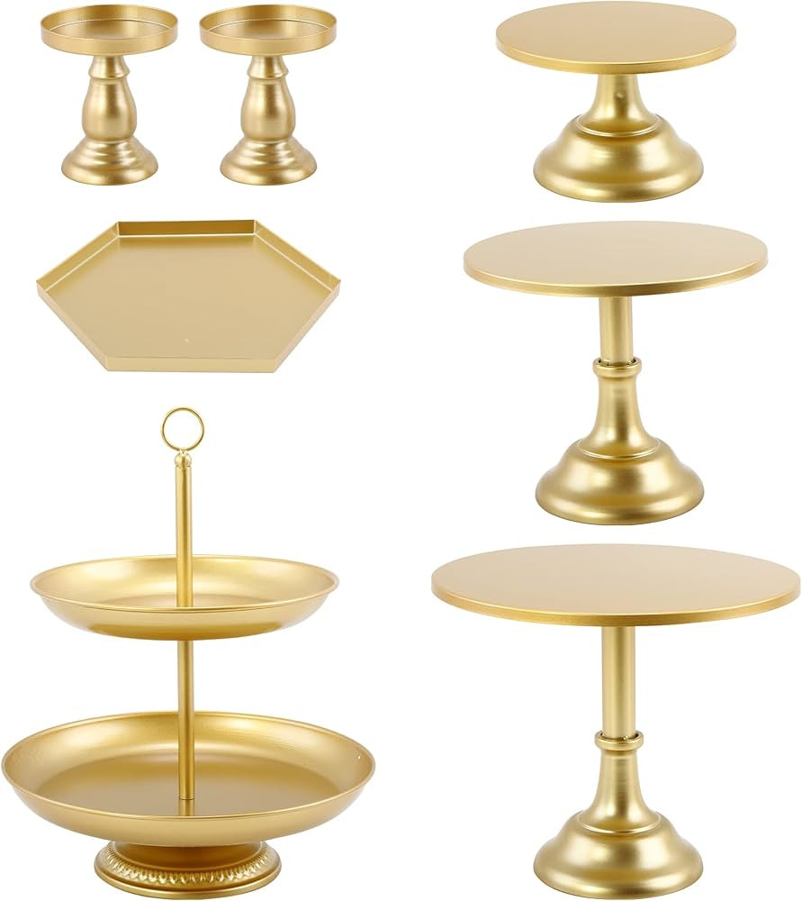 LIFESTIVAL 7 Pcs Gold Cake Stands Set Metal Cupcake Holder Candlestick Dessert Display Plate Serv... | Amazon (US)