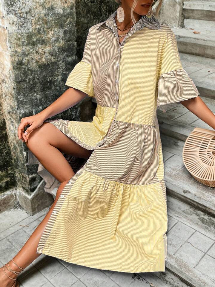 SHEIN VCAY Striped Print Flounce Sleeve Ruffle Hem Smock Dress | SHEIN