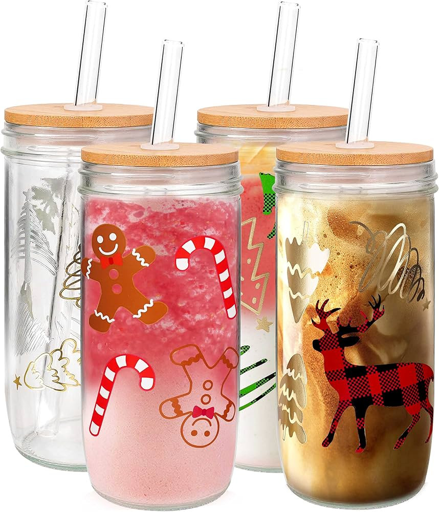 ANOTION Christmas Cups, 24oz Colored Christmas Mugs Mason Jars Glass Cups with Lid and Straw Chri... | Amazon (US)