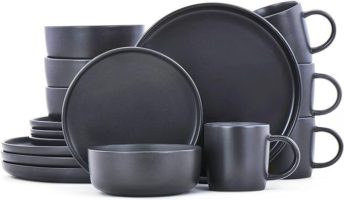 Famiware Dawn Dinnerware Set, 16 Piece Dishes Set, Plates and Bowls Set for 4, Black Matte | Amazon (US)