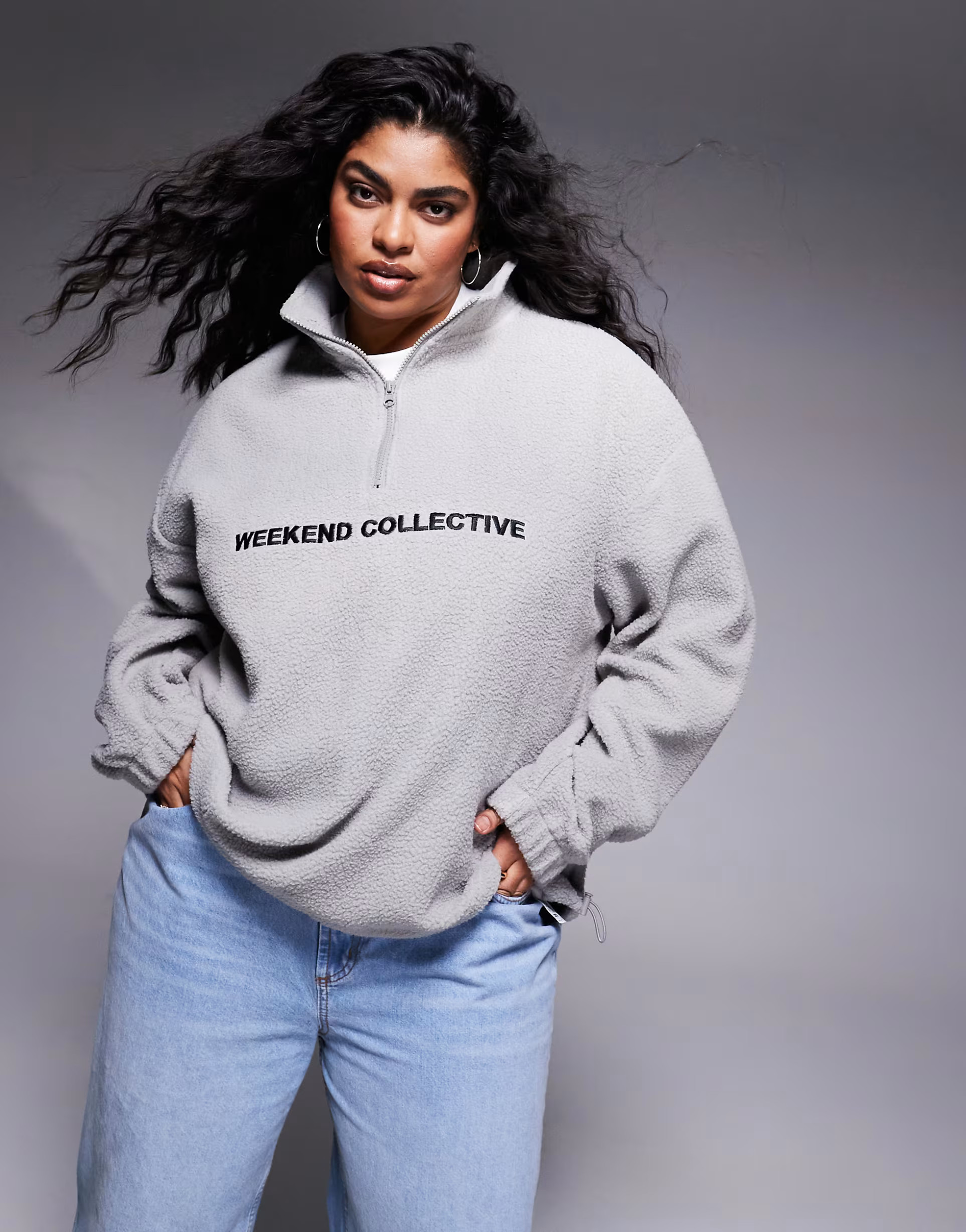 Weekend Collective Curve half zip borg fleece with logo in gray heather | ASOS (Global)