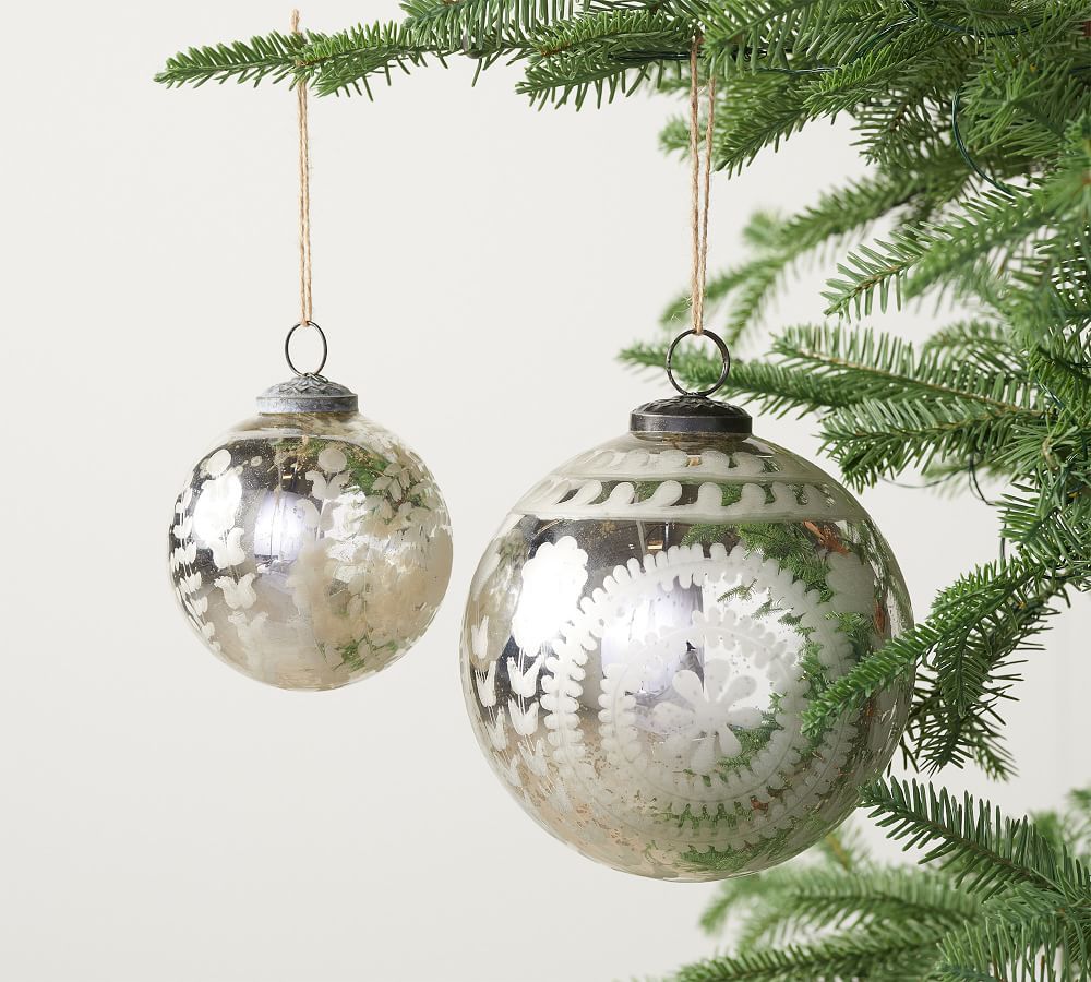 Etched Mercury Glass Ornament Sets - Silver | Pottery Barn (US)