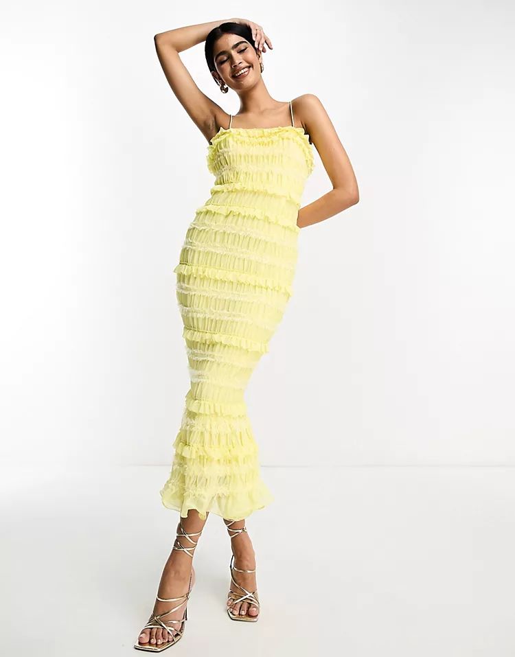ASOS DESIGN scrunch neck soft textured a-line midi dress in pastel lemon | ASOS (Global)