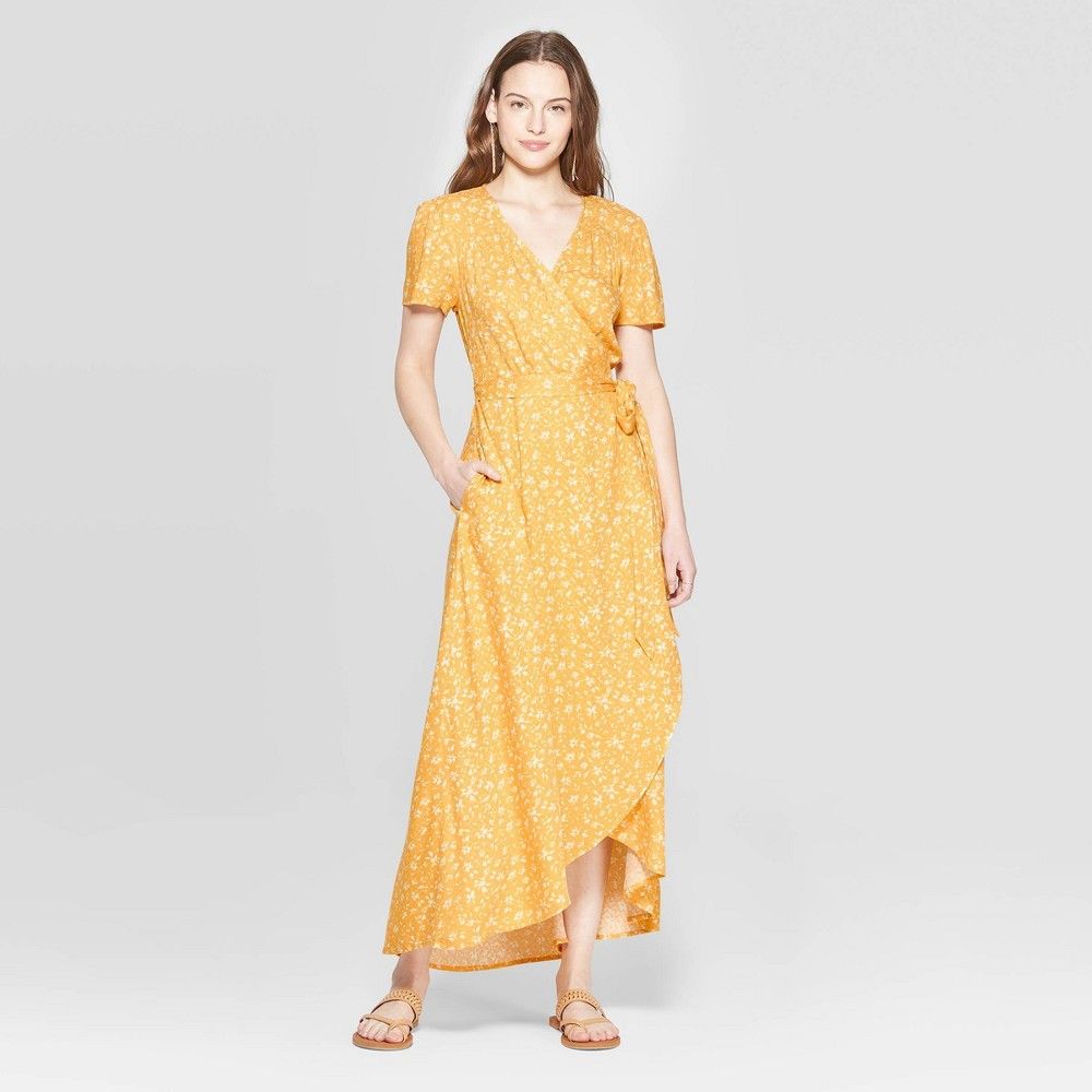petiteWomen's Floral Print Short Sleeve V-Neck Wrap Dress - Universal Thread Yellow L, Women's, Size: Large | Target