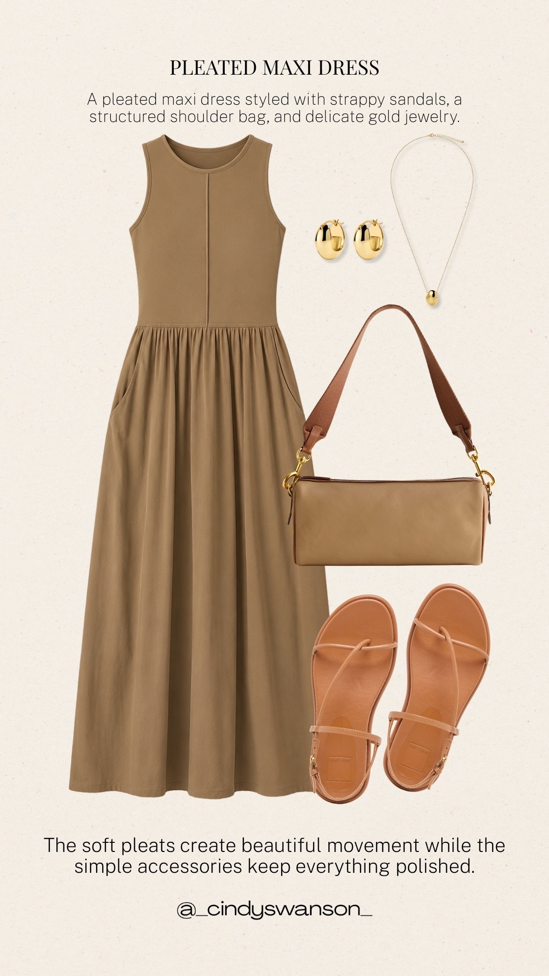 A pleated maxi dress is such an effortless way to look polished while staying comfortable. I love the soft camel color and gently pleated skirt, it creates beautiful movement without feeling fussy. Simple strappy sandals, a structured shoulder bag, and delicate gold jewelry keep the whole look timeless and easy to wear.

💡 LTK MADE EASY
❤️ Heart = Support my posts!
🔖 Save = Get sale & restock alerts
📋 Lists = Keep favorites organized
📲 Share = Send lists and products to a friend. Hello, Christmas List!
💬 Comment = Ask me anything about what I’m wearing. :-)

#LTKootd #LTKOver40 #LTKTravel