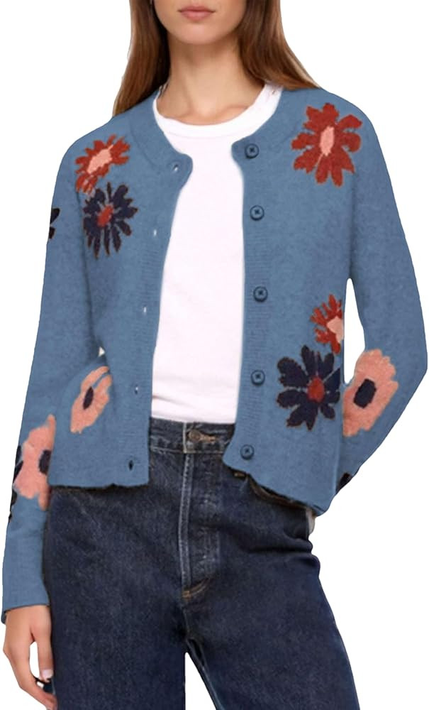 Cardigan Sweaters for Women Cropped Button Down Sweater Long Sleeve Crew Neck Knit Floral Print O... | Amazon (US)