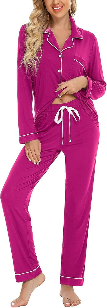 Leikar Button Up Pajama Set For Women Long Sleeve Shirt and Pajama Pants Soft Pjs Lounge Sets S-X... | Amazon (US)