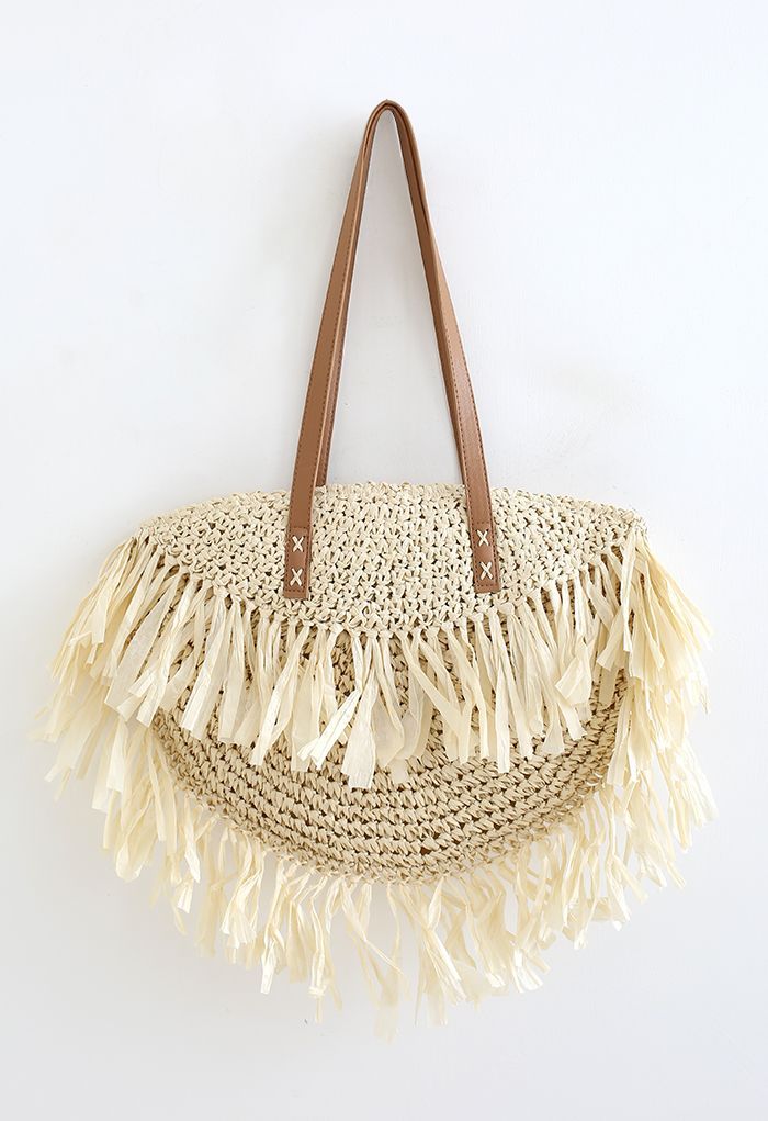 Fringed Woven Straw Shoulder Bag in Cream | Chicwish