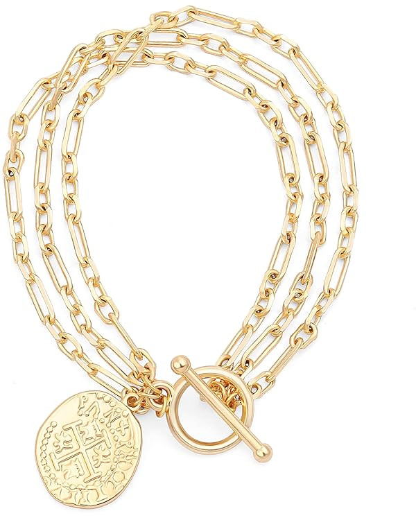 PEARLADA 18k Gold Chain Layerd Bracelet Coin Charm Toggle Bracelet Trendy Cubic Zirconia Jewelry | Amazon (US)