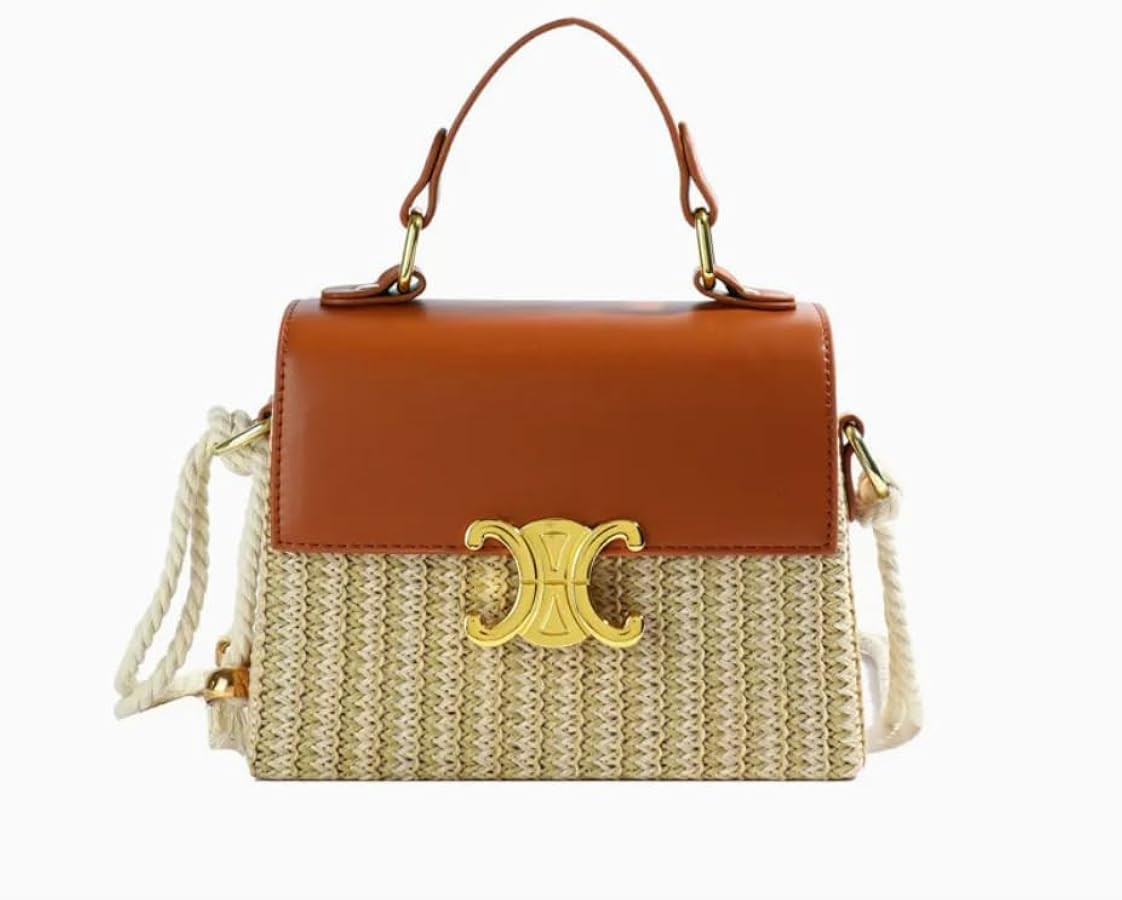 Straw Woven Handbag with Gold Hardware, Rope Strap, Leather Flap, Available in Brown, Pink, Green... | Amazon (UK)
