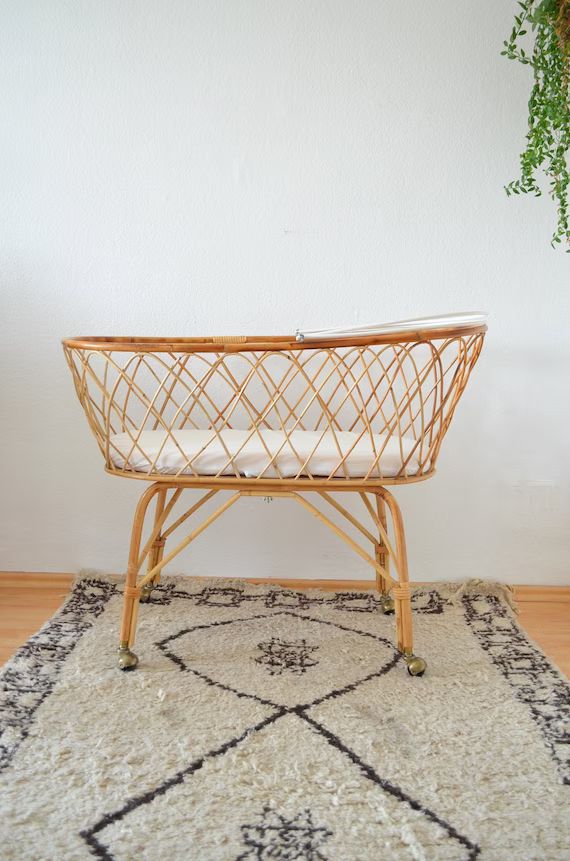 Vintage bamboo baby cot trolley bamboo wicker boho bassinet Moses Basket | Etsy (US)