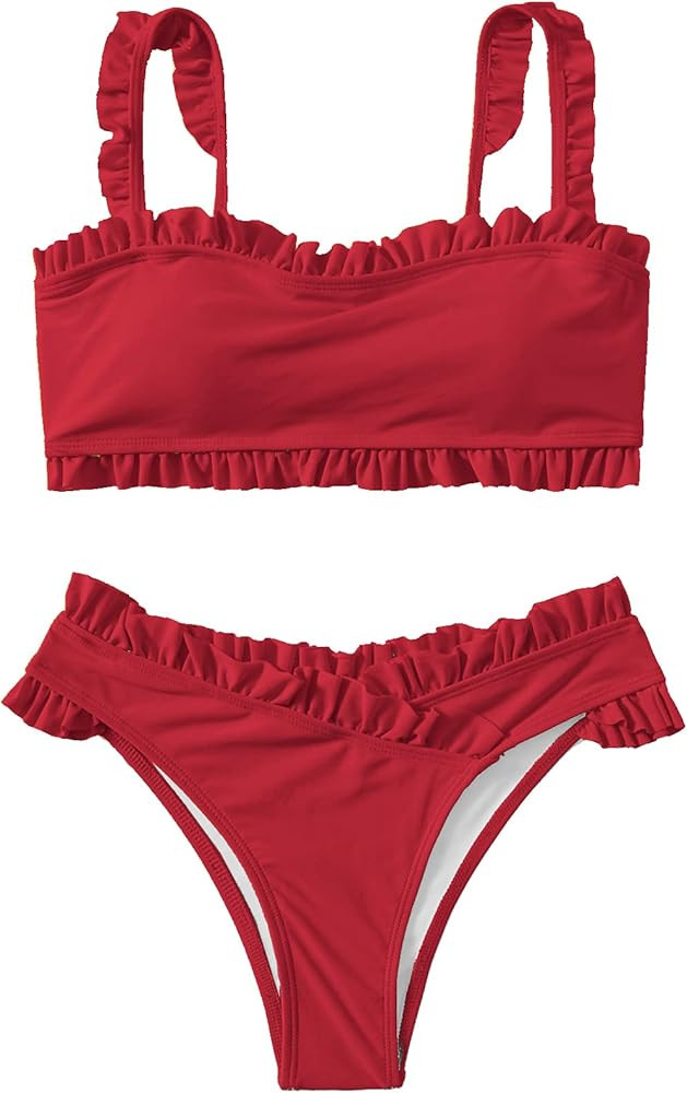 SweatyRocks Women's Bathing Suits Spaghetti Strap Ruffle Wrap Bikini Set Two Piece Swimsuits | Amazon (US)