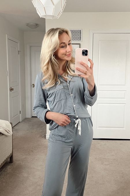 The perfect everyday pyjama set for when you're ready to upgrade your sleepwear ☁️ This blue is stunning in real life and the set washes well. I am wearing a size small. 

#LTKSeasonal #LTKunder100 #LTKFind