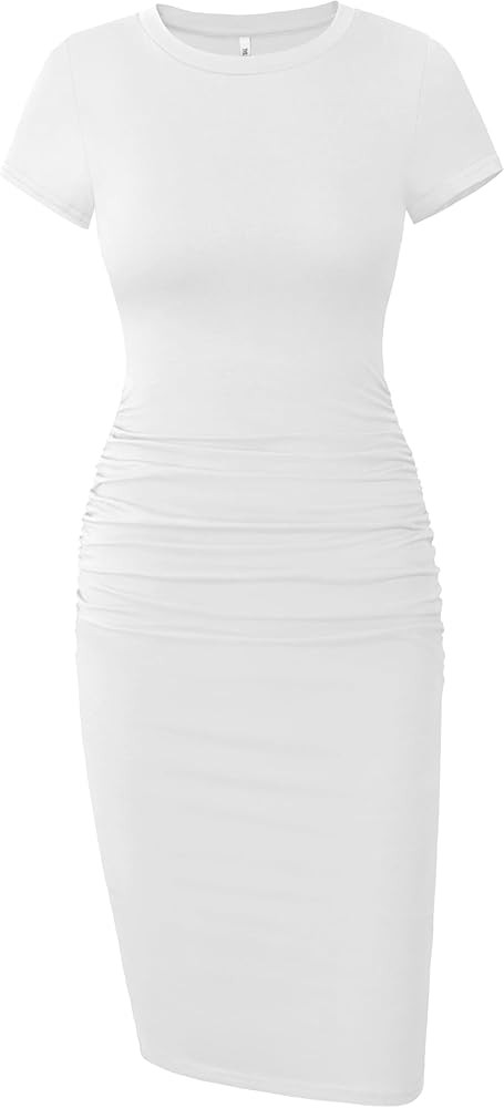 Missufe Women's Short Sleeve Ruched Casual Sundress Midi Bodycon T Shirt Dress | Amazon (US)