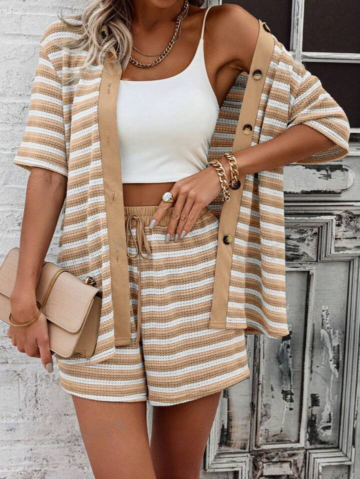 SHEIN LUNE Women's Stripe Short Sleeve Top And Shorts Set For Summer | SHEIN