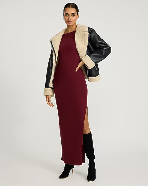 Ribbed Knit Boat Neck Long Sleeve Maxi Sheath Dress | Express