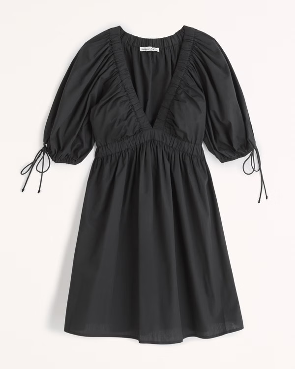 Poplin Puff Sleeve Babydoll Mini Dress | Abercrombie & Fitch (US)