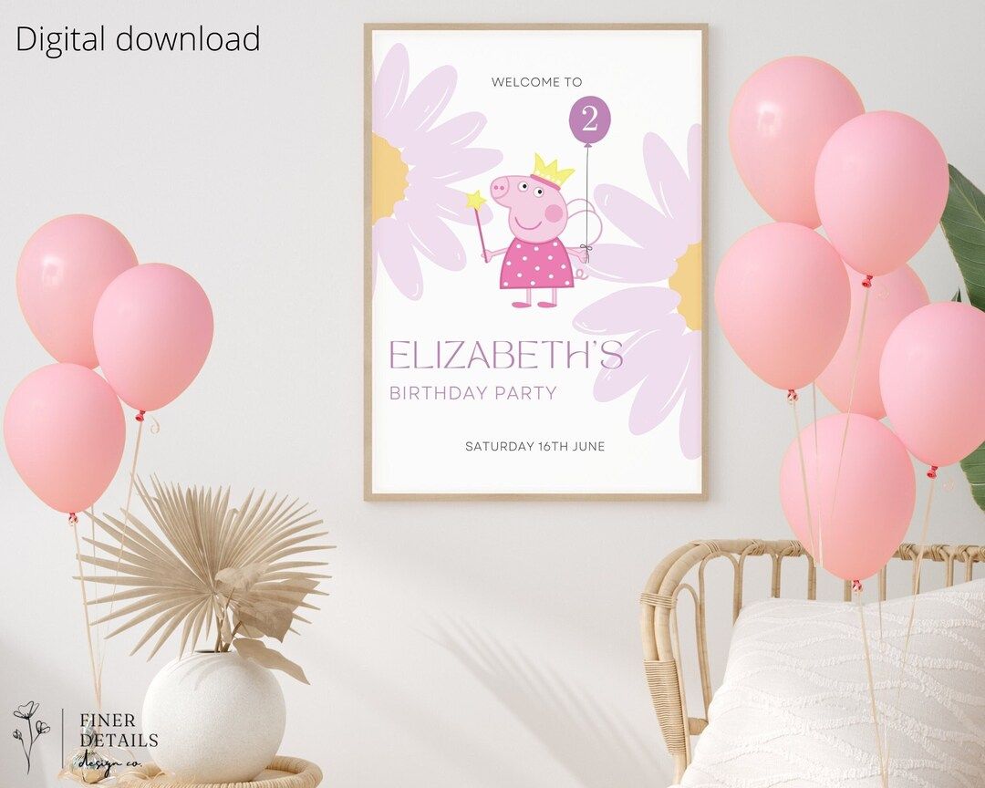 Editable Peppa Pig Birthday Welcome Sign Template Printable Colourful Peppa Pig Purple Flowers We... | Etsy (US)