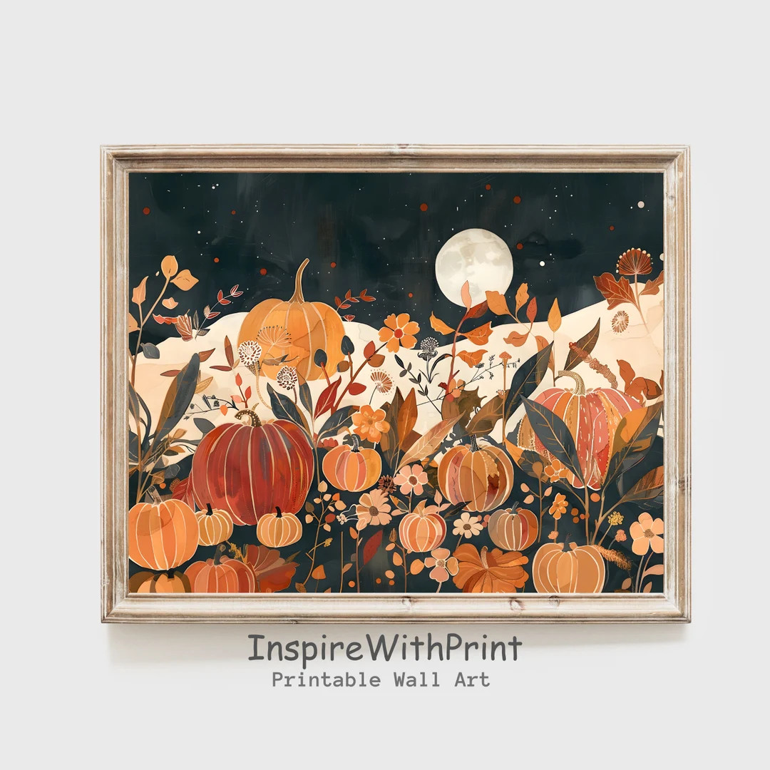 Fall Landscape Wall Art, Pumpkin Field Landscape Painting, Printable Pumpkins Wall Art, Moody Aut... | Etsy (US)