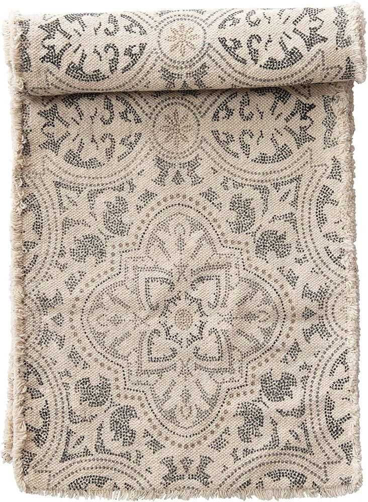 Bloomingville Grey and Cream Cotton Printed Table Frayed Edge Runner | Amazon (US)