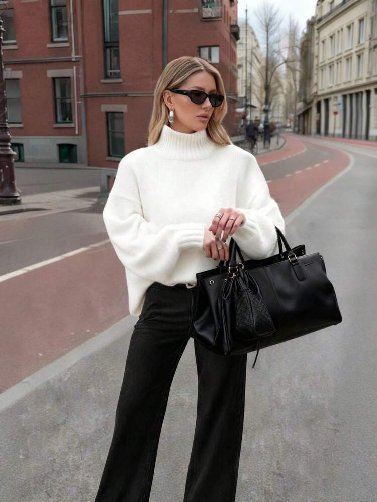 FOR BEAUTY Women's Autumn/Winter New High Neck White Simple Commuting Style Sweater, Fashionable ... | SHEIN