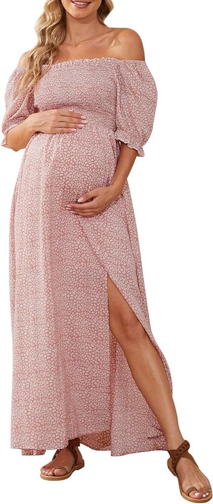 Floral Print Square Neck Puff Sleeve Maternity Dress for Baby Shower Photoshoot Summer, Boho Smocked | Amazon (US)