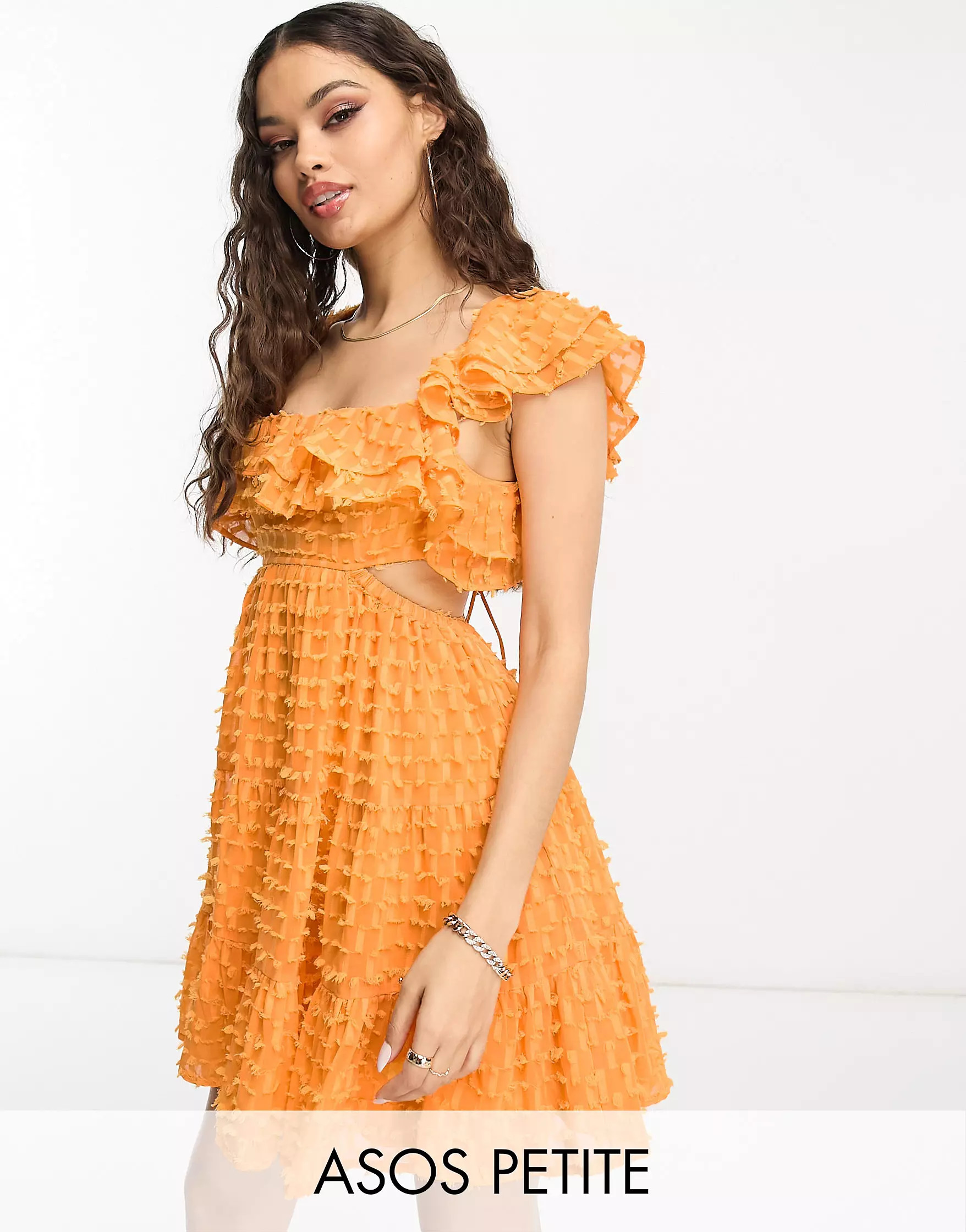 ASOS DESIGN Petite frill cutout mini skater dress in orange | ASOS (Global)