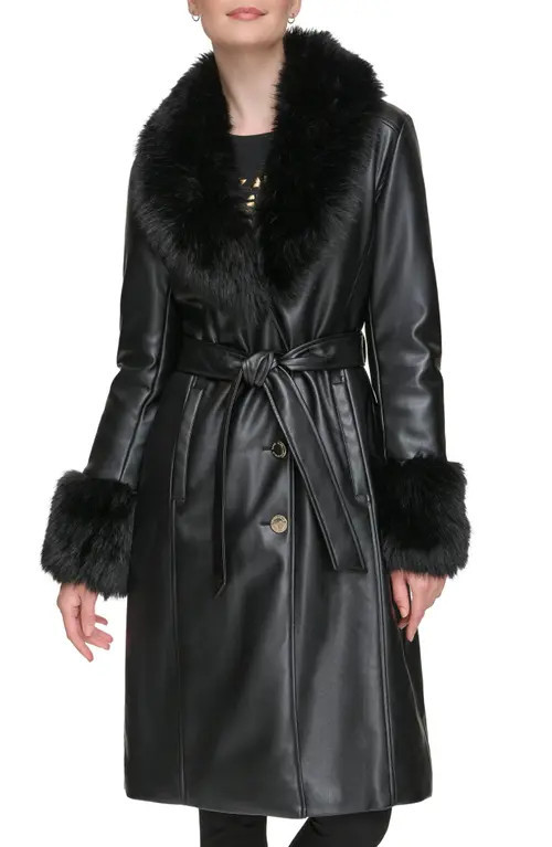 KARL LAGERFELD PARIS Faux Leather & Faux Fur Trench Coat in Black at Nordstrom, Size Medium | Nordstrom