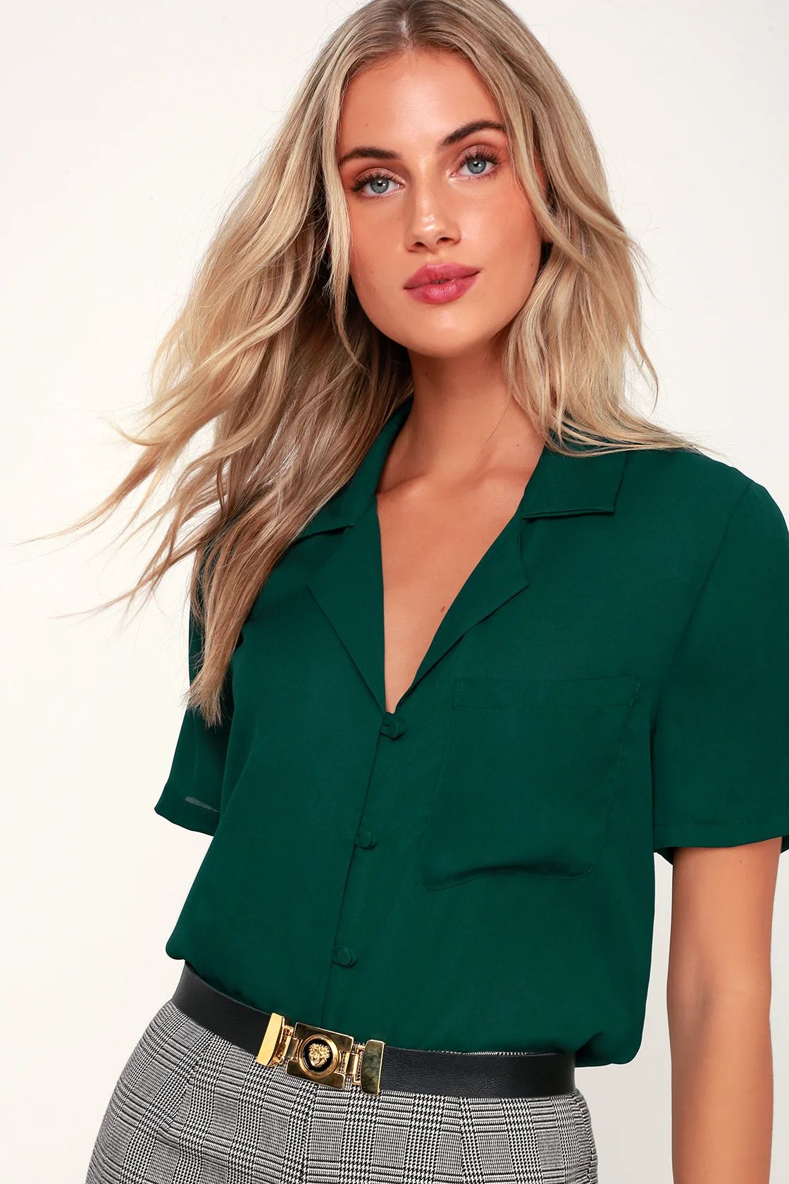 Good Luck Charm Dark Green Short Sleeve Button-Up Top | Lulus (US)