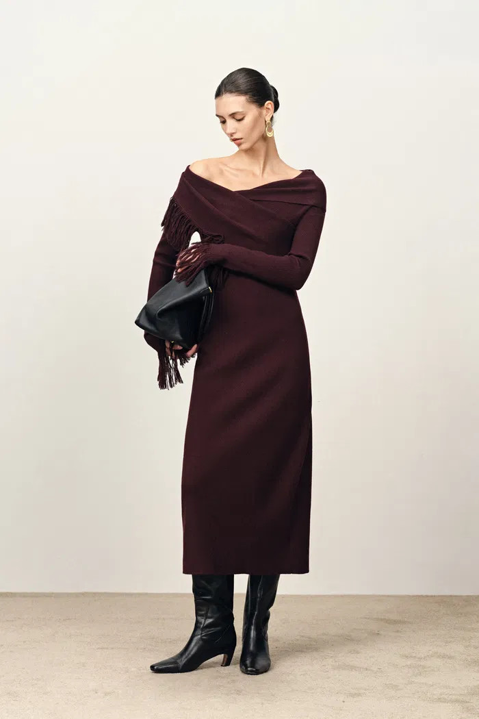 Oona One Shoulder Asymmetric Fringe Dress in Merino Wool with Stretch | Fabrique