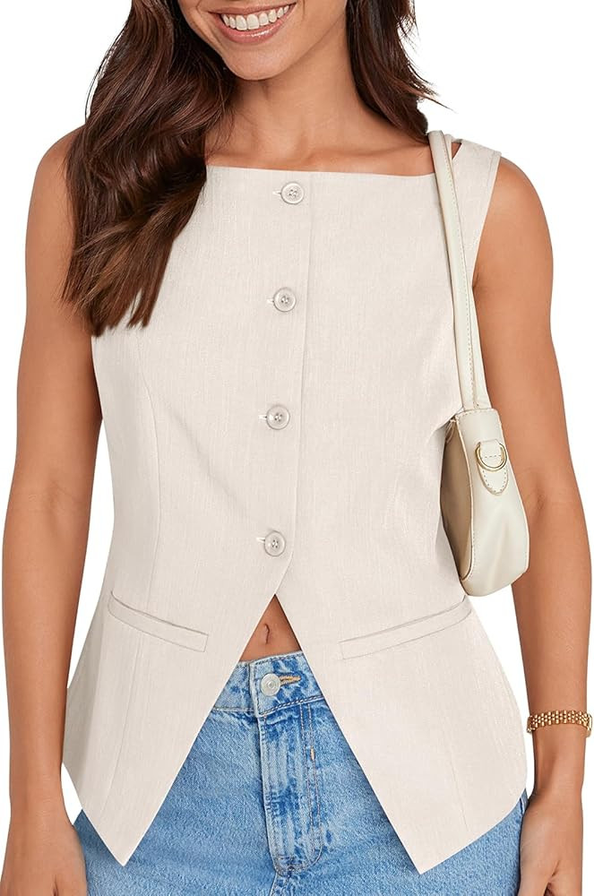 UEU Womens Vest Top 4 Button Sleeveless Boat Neck Fully Lined 2025 Trendy Dressy Business Work Bl... | Amazon (US)