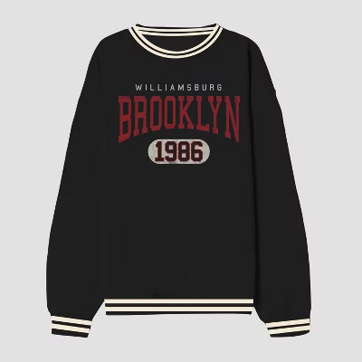 Men's Brooklyn Crew Neck Pullover Sweatshirt - Black S: Goodie Two Sleeves, Midweight Knit, Typography Pattern | Target