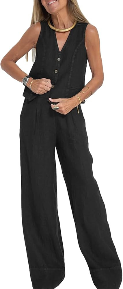 Women Summer 2 Piece Outfit Solid Color Button V Neck Tank Vest Tops and Wide Leg Pant Set Street... | Amazon (US)