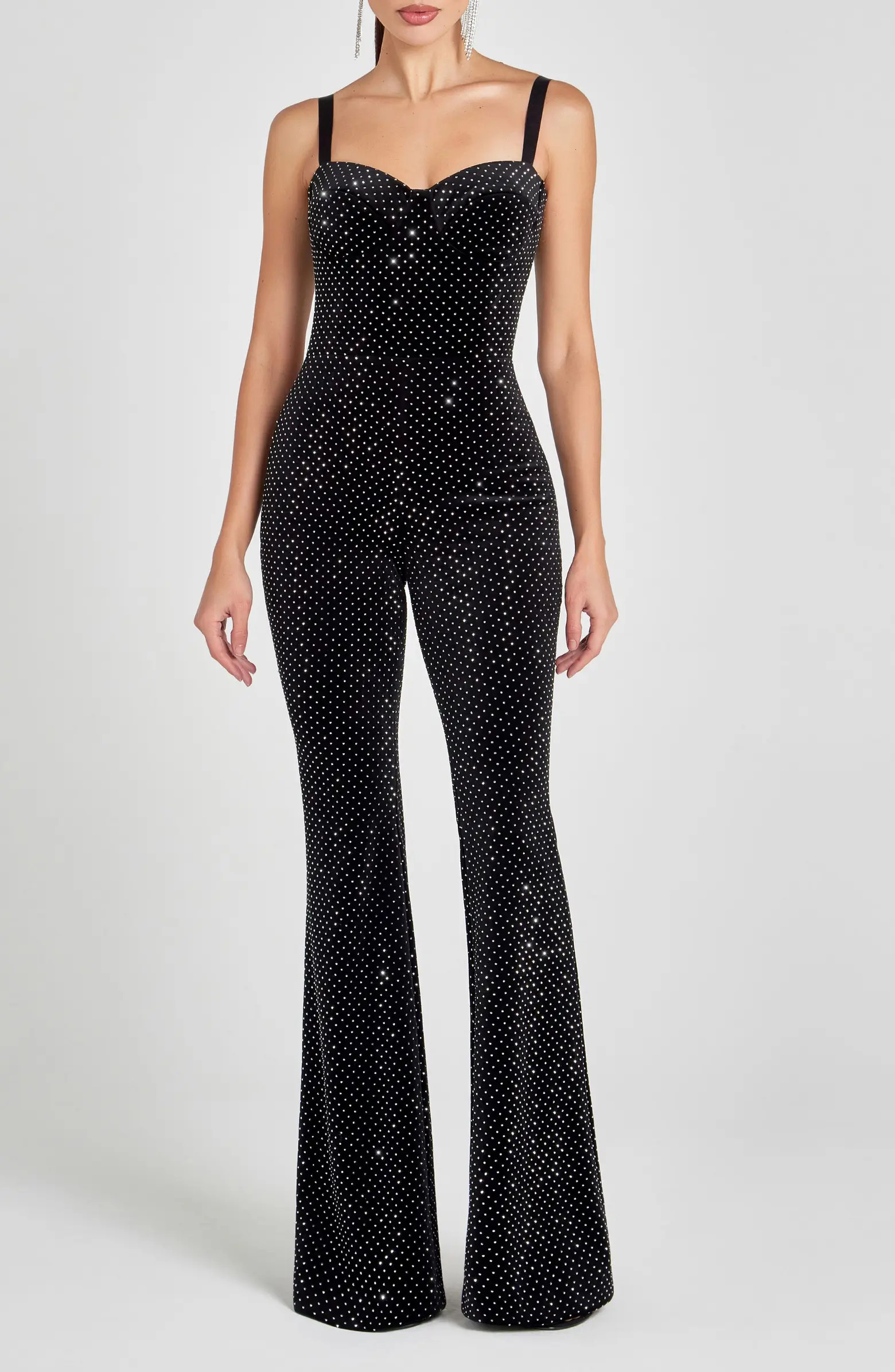 NADINE MERABI Roxanne Crystal Velvet Flare Leg Jumpsuit | Nordstrom | Nordstrom