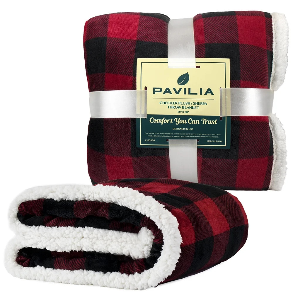 PAVILIA Buffalo Check Sherpa Fleece Throw Blanket | Red Black Checkered Flannel Blanket | Christm... | Walmart (US)
