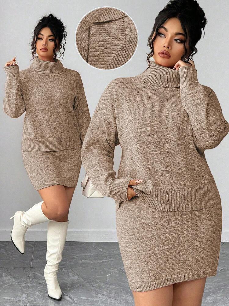 Elenzga Plus Size Women 2-Piece Set, Loose Long Sleeve Solid Color Turtleneck Sweater & Super Short Sexy Sweater Dress, Casual & Sweet Korean Style | SHEIN