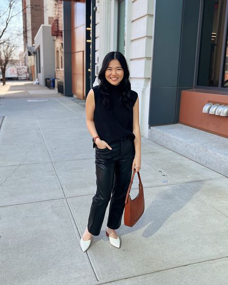 Black sleeveless sweater (XS)
Black faux leather pants (27P)
Brown bag 
White pumps  (1/2 size up)
Smart casual outfit 
Neutral work outfit 
Business casual outfit

#LTKstyletip #LTKfindsunder100 #LTKSeasonal