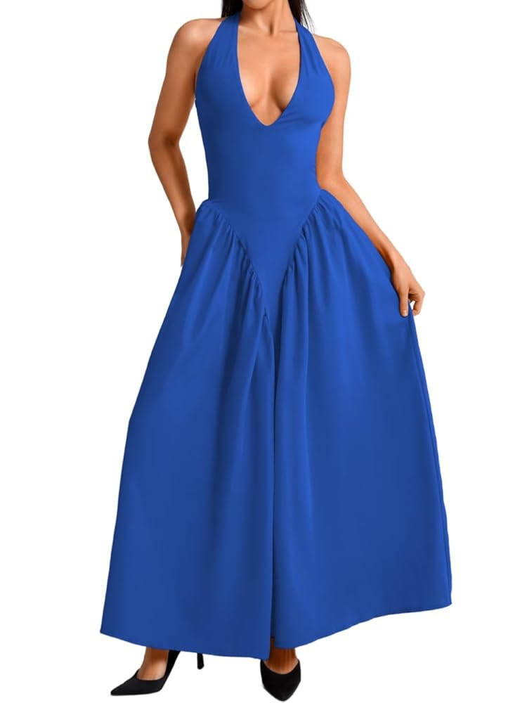 Deep V Neck Dress, Halter Maxi Dresses, Vacation Date Night, Sexy for Women Corset Flowy Wedding ... | Amazon (US)
