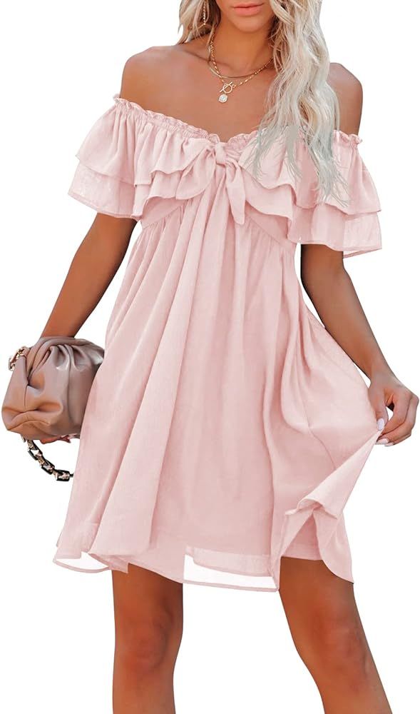 Womens Sexy Off Shoulder Dresses Casual Loose Party Beach Cocktail Double Ruffle Layer Chiffon Dress | Amazon (US)