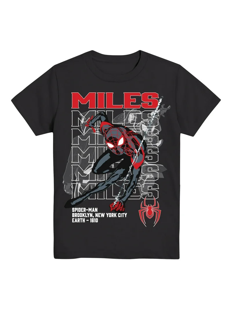 Spider-Man Miles Repeated, Crew Neck, Short Sleeve, Graphic T-Shirt, Sizes 4-18 | Walmart (US)