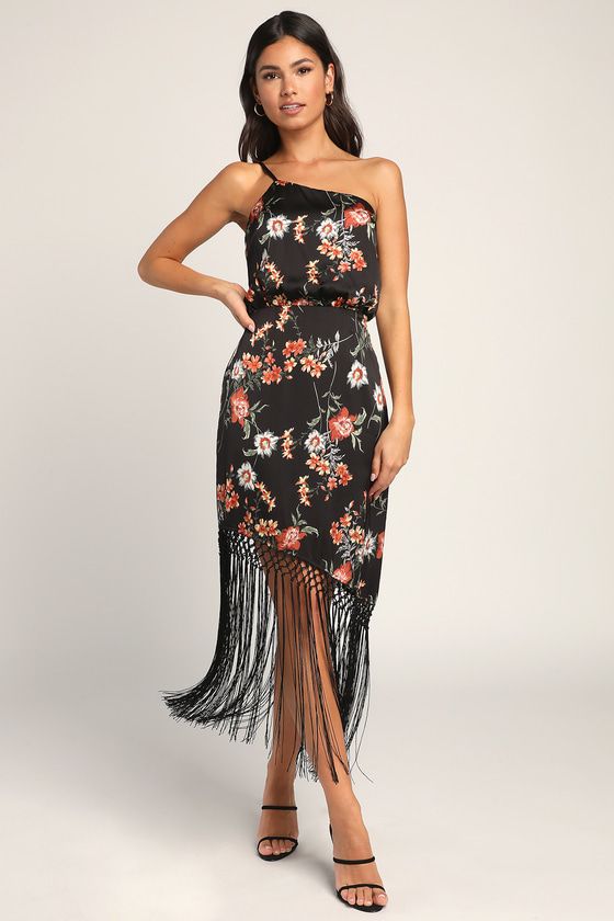 Let's Be Fringe Black Floral Print Satin One-Shoulder Midi Dress | Lulus (US)