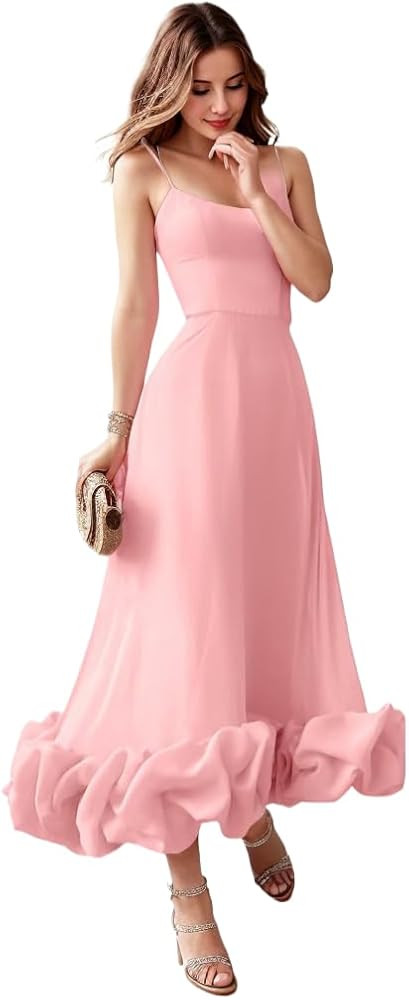 Spaghetti Strap Prom Dresses for Women 2025 Satin Ruffle Formal Evening Party Dress Tea Length PM... | Amazon (US)