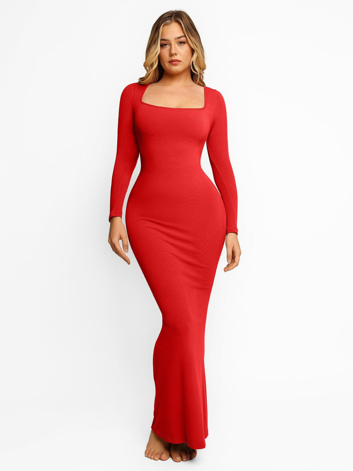 Shapewear Square Neck Long Sleeve Slimming Modal Maxi Dress - Red / L | Popilush