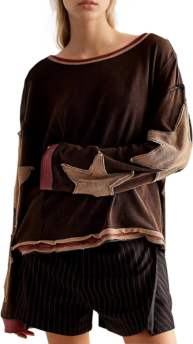 Women Cotton Oversized Shirts Lightweight Long Sleeve Crewneck Star Pullover Sweatshirt Hoodies 2... | Amazon (US)