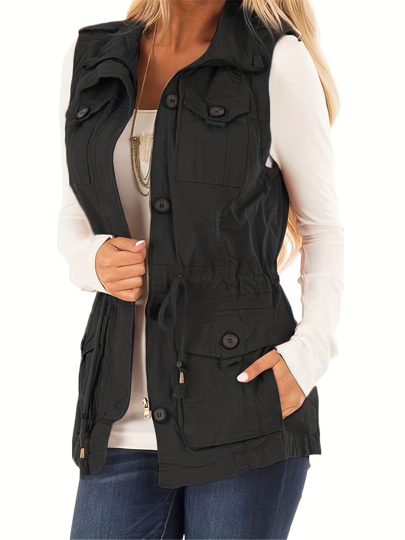 Solid Flap Pockets Drawstring Vest Versatile Sleeveless - Temu | Temu Affiliate Program