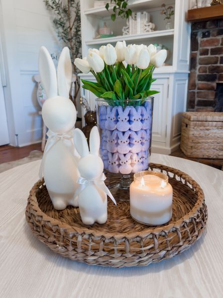 Easter centerpiece idea 
Peeps arrangement
Flocked bunnies
Rattan tray

#LTKhome #LTKparties #LTKSeasonal