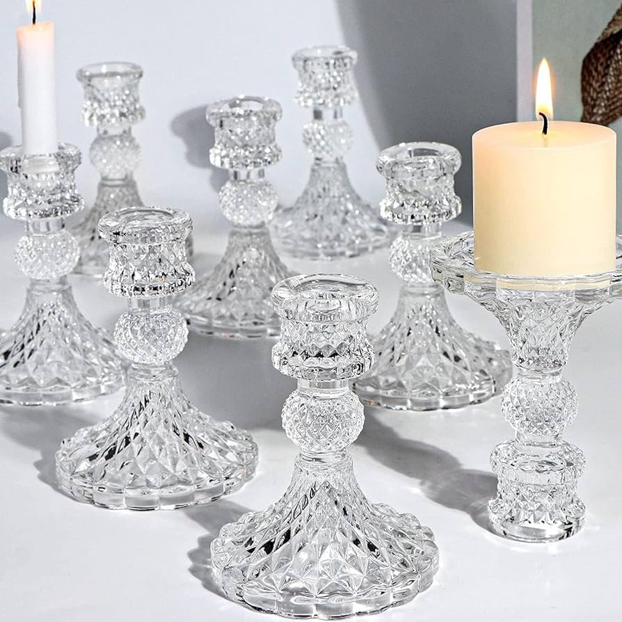 DARJEN Candlestick Holders Set,12Pcs 4" H Taper Candle Holders Bulk, Clear Glass Candle Holders f... | Amazon (US)